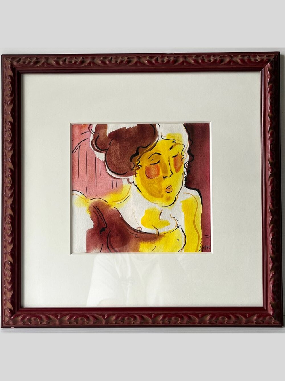 Original Expressionist Woman Watercolor Portrait Painting Signed Framed 1995 #2